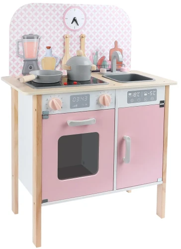  Drewniana kuchnia dla dzieci z zegarem | Różowa