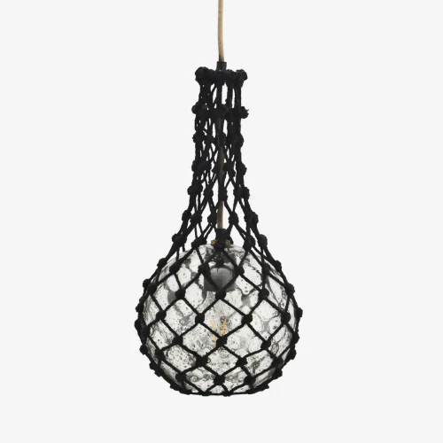 Szklana lampa w plecionce z juty - czarna  | Madam Stoltz