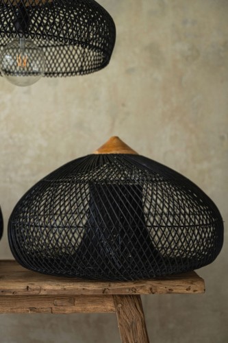 Rattanowy klosz z drewnem teakowym - XL - Czarny - CRATER I Bally Hands