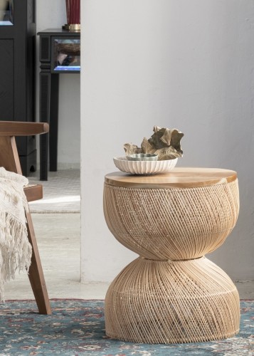 Rattanowy stolik z drewnem KAYU - naturalny | Bally Hands